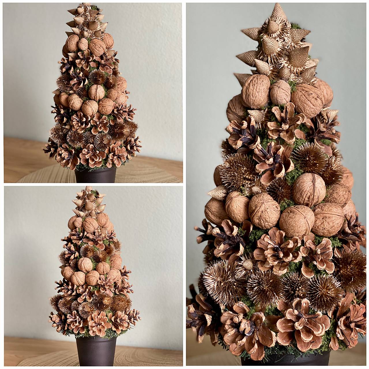 Prírodný Vianočný stromček zo šišiek, orechov a vysušených kvetov vianočná dekorácia.