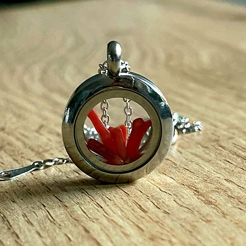 Steel Locket Coral Necklace / Oceľový medailón s koralmi E069