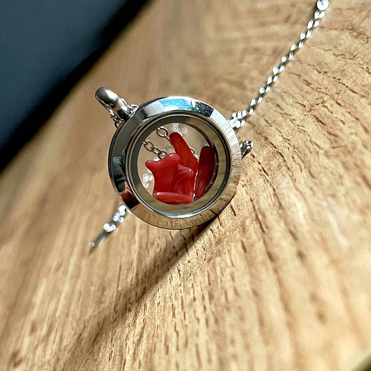 Steel Locket Coral Necklace / Oceľový medailón s koralmi E069