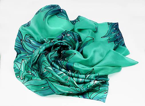 Ručne maľovaná hodvábna šatka - Smaragdové ľalie