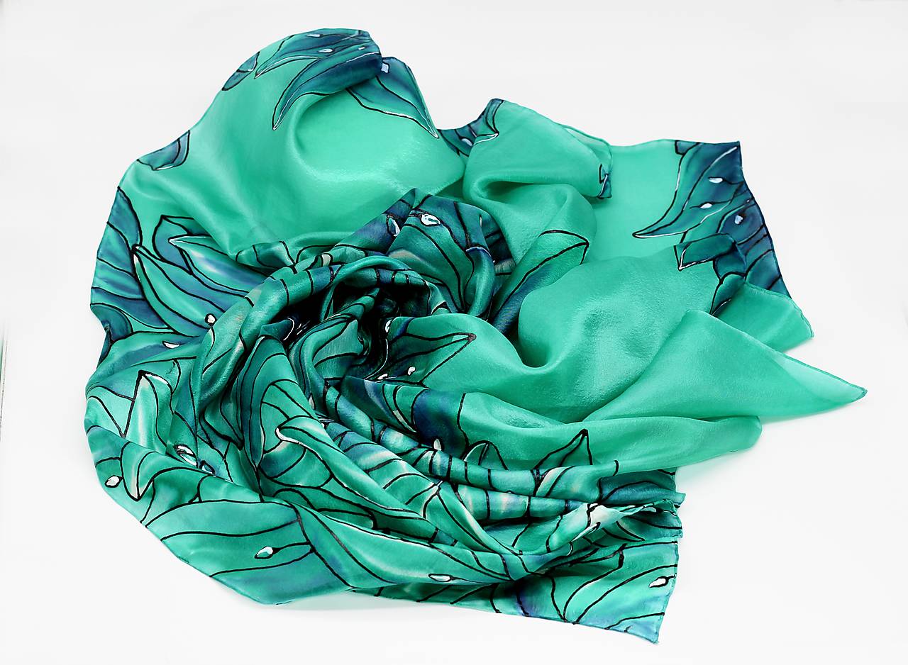 Ručne maľovaná hodvábna šatka - Smaragdové ľalie