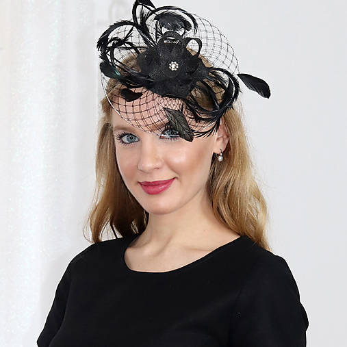 Ozdoby do vlasov - Milano - fascinátor s francúzskym závojom, čierny - 17947501_