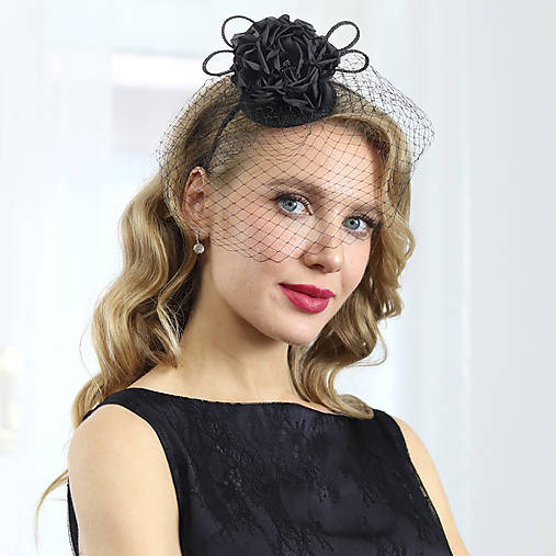 Ozdoby do vlasov - Bethany - fascinátor s hodvábnou ružou a závojom, čierny - 17948108_