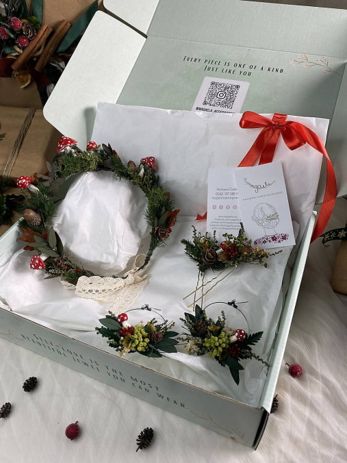 Darčekový box "čarovný les" - venček, náušnice, set vláseniek