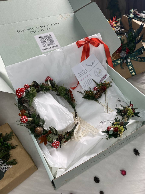 Darčekový box "čarovný les" - venček, náušnice, set vláseniek