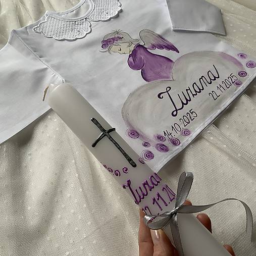 Krstná košieľka a svieca na krst maľovaná s anjelikom do fialova