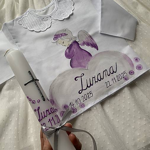 Krstná košieľka a svieca na krst maľovaná s anjelikom do fialova