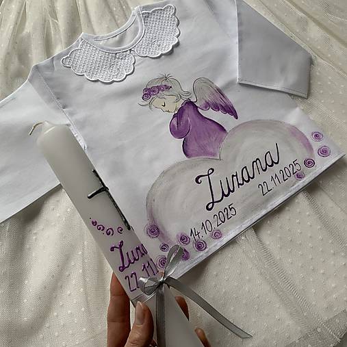 Krstná košieľka a svieca na krst maľovaná s anjelikom do fialova