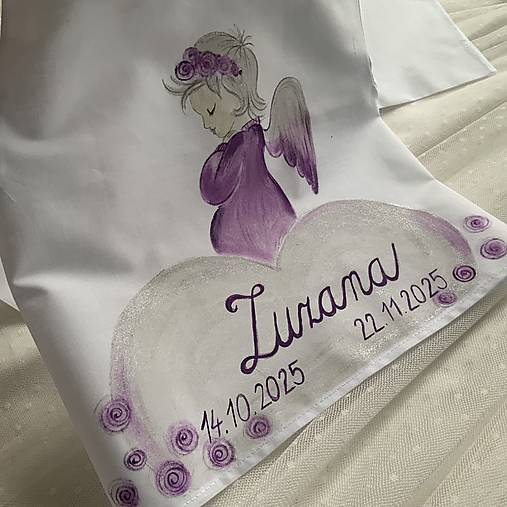 Krstná košieľka a svieca na krst maľovaná s anjelikom do fialova