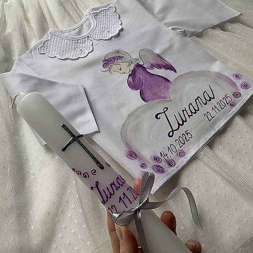 Krstná košieľka a svieca na krst maľovaná s anjelikom do fialova