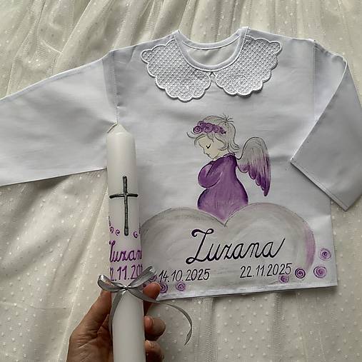 Krstná košieľka a svieca na krst maľovaná s anjelikom do fialova