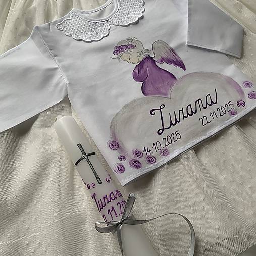 Krstná košieľka a svieca na krst maľovaná s anjelikom do fialova