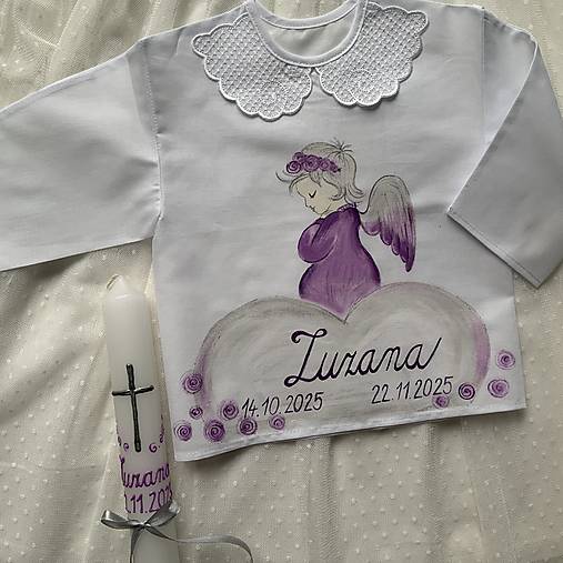 Krstná košieľka a svieca na krst maľovaná s anjelikom do fialova