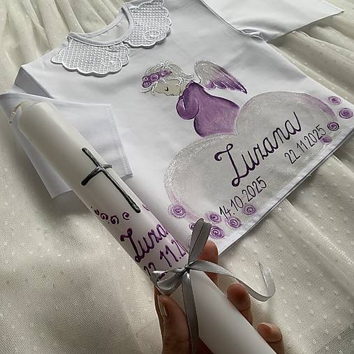 Krstná košieľka a svieca na krst maľovaná s anjelikom do fialova