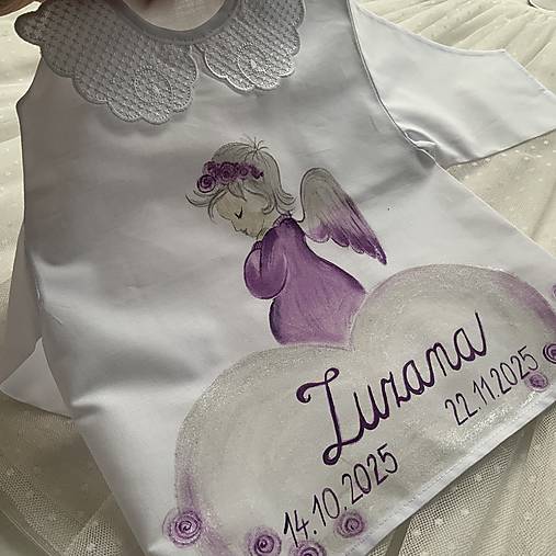 Krstná košieľka a svieca na krst maľovaná s anjelikom do fialova