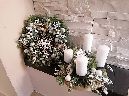 Dekorácie - Prírodný zimný veniec s vločkou 32cm a adventný svietnik - 17947321_