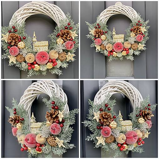 Vianočný veniec 35cm na bielom prútenom základe na dvere vianočná dekorácia Venček