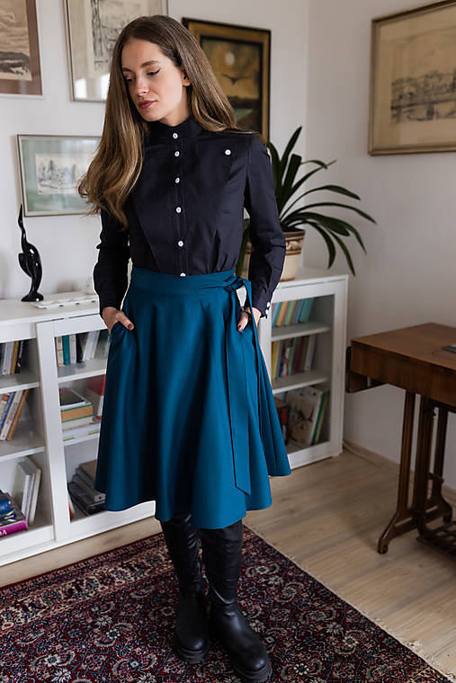 Sukne - YOLA, zavinovací půlkolová sukně, modrá - 17951489_