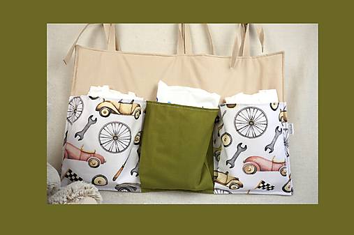 Detský textil - Praktický kapsár na postieľku "Retro autíčka" - 17949619_