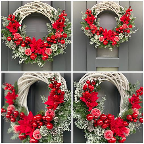 Vianočný veniec 36cm na bielom prútenom základe na dvere vianočná dekorácia Venček