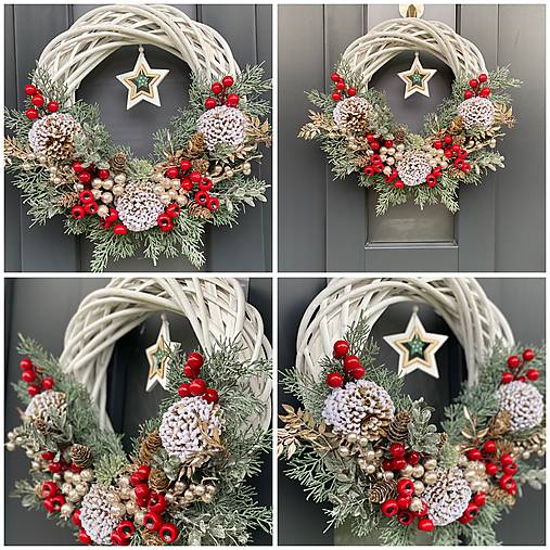 Vianočný veniec 35cm na bielom prútenom základe na dvere vianočná dekorácia Venček