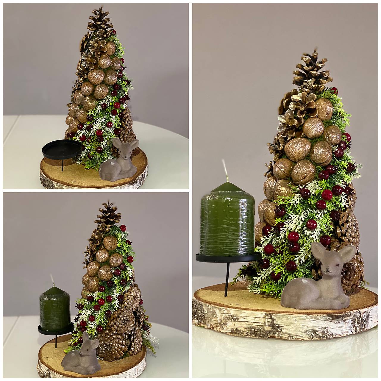 Vianočný stromček zo šišiek, orechov a bobuľkami na dreve vianočná dekorácia.