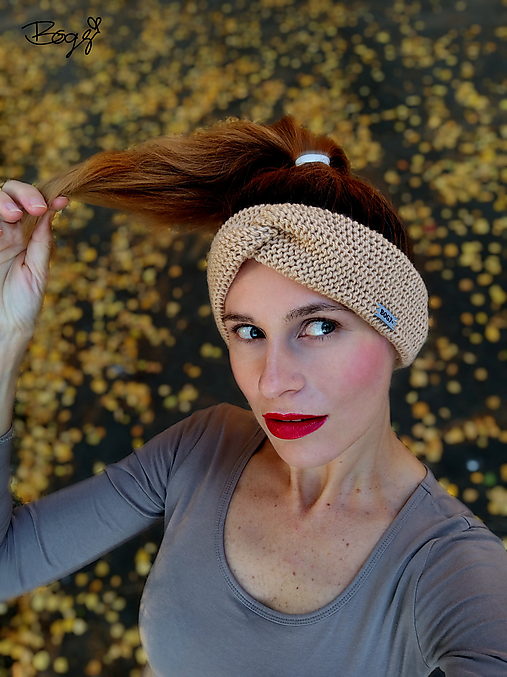 Čiapky, čelenky, klobúky - dvouvrstvá béžová čelenka, pletená obrace, 49%vlna - 55-58cm - 17955312_