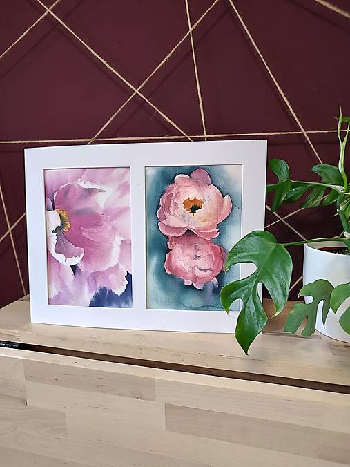 Obrazy - Sada dvoch originálnych akvarelových malieb - Pivónie - 17955297_