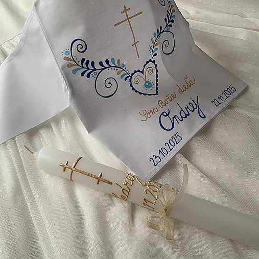 Krstná košieľka a svieca na krst maľovaná ľudovoladená s gréckym krížom