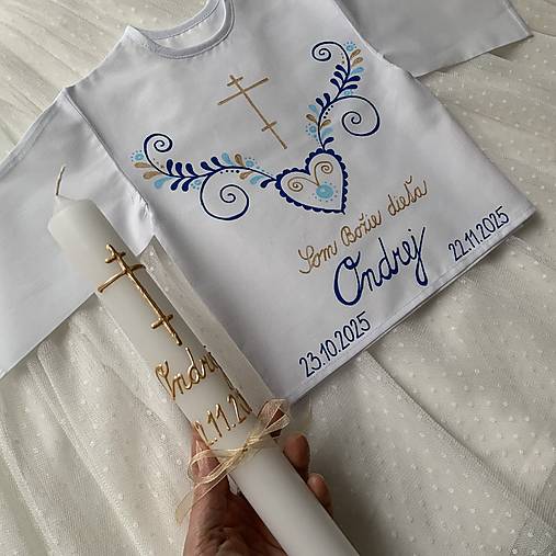 Krstná košieľka a svieca na krst maľovaná ľudovoladená s gréckym krížom