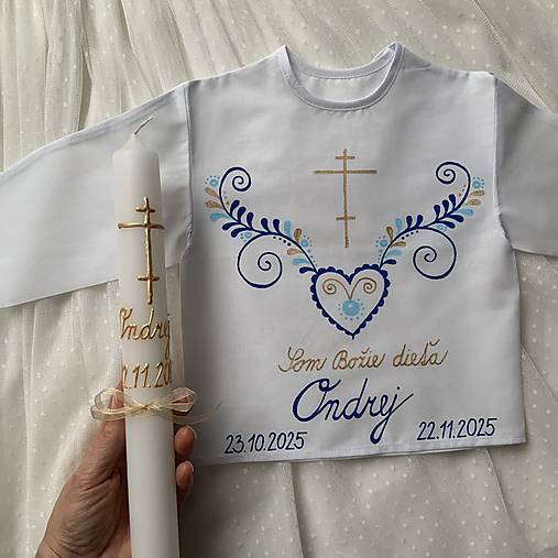 Krstná košieľka a svieca na krst maľovaná ľudovoladená s gréckym krížom