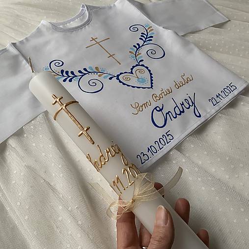 Krstná košieľka a svieca na krst maľovaná ľudovoladená s gréckym krížom