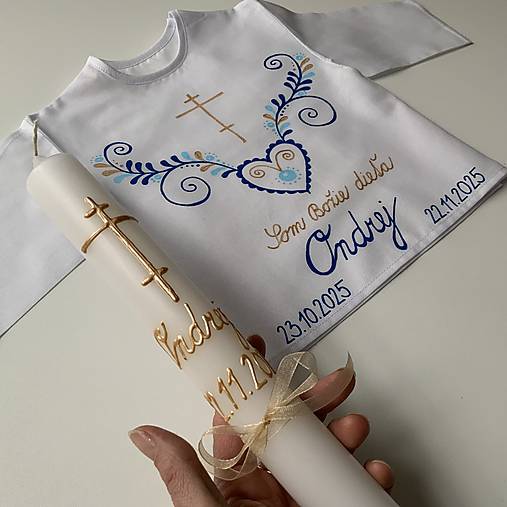 Krstná košieľka a svieca na krst maľovaná ľudovoladená s gréckym krížom