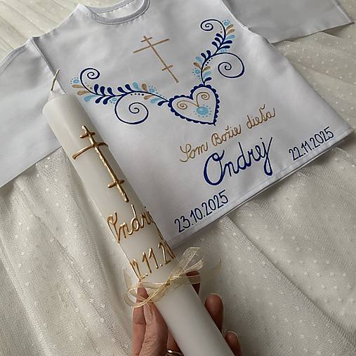 Krstná košieľka a svieca na krst maľovaná ľudovoladená s gréckym krížom