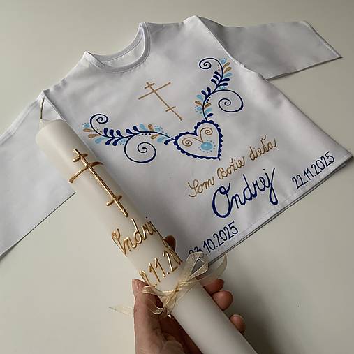 Krstná košieľka a svieca na krst maľovaná ľudovoladená s gréckym krížom