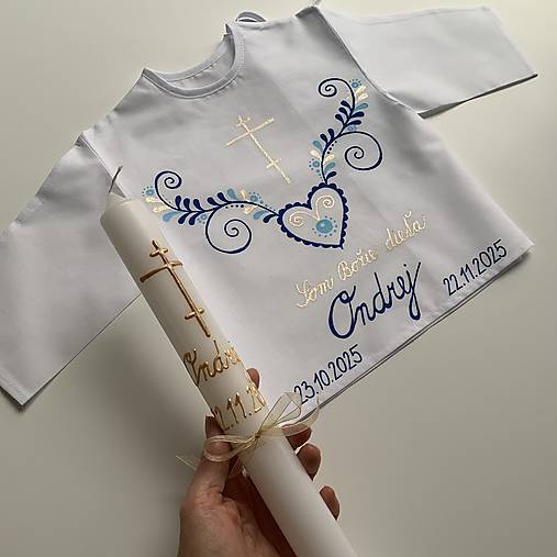 Krstná košieľka a svieca na krst maľovaná ľudovoladená s gréckym krížom