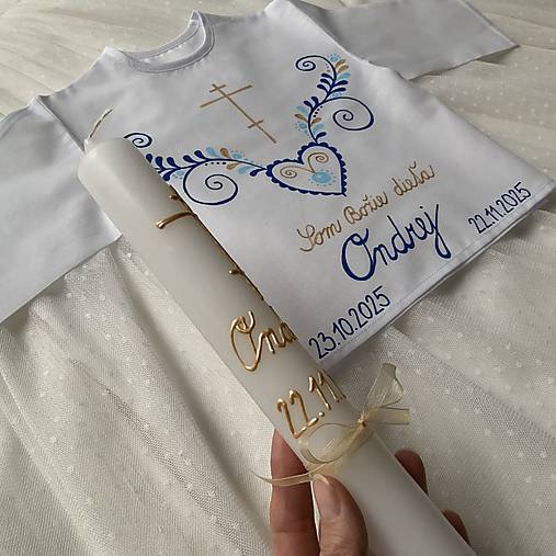 Krstná košieľka a svieca na krst maľovaná ľudovoladená s gréckym krížom