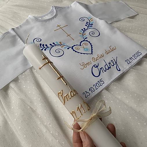 Krstná košieľka a svieca na krst maľovaná ľudovoladená s gréckym krížom