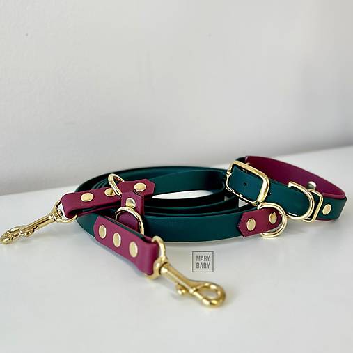 Pre zvieratá - Vodeodolný obojok a prepínacie vodítko pre psa BioThane DUO - bordovo-zelený - 17958623_