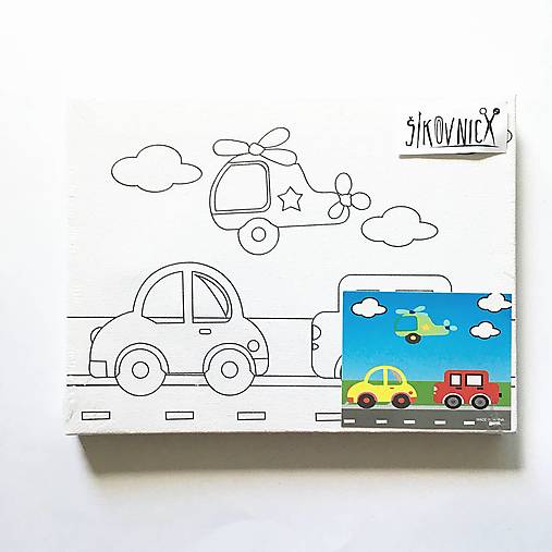 - 50% maľovanie na plátno (20x15 cm - autíčka, helikoptéra)