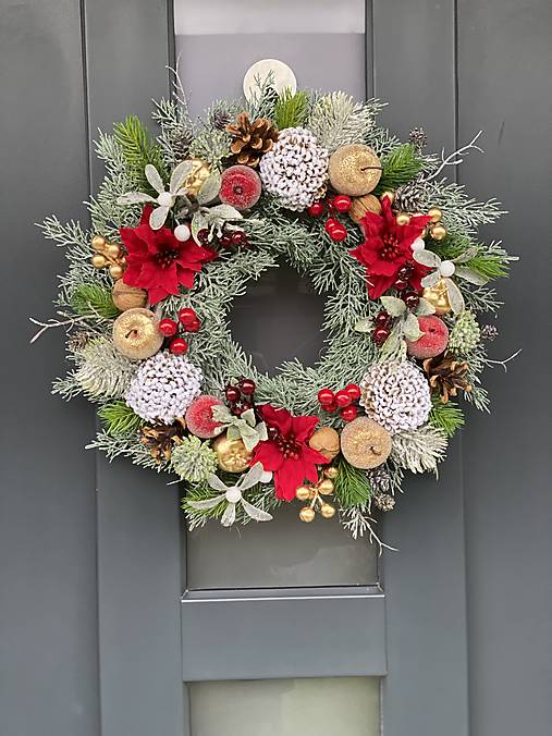 Vianočný veniec L 38cm na bielom prútenom základe na dvere vianočná dekorácia Venček