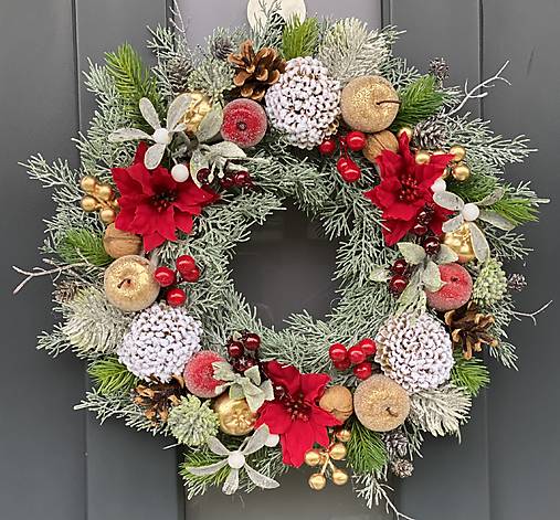 Vianočný veniec L 38cm na bielom prútenom základe na dvere vianočná dekorácia Venček