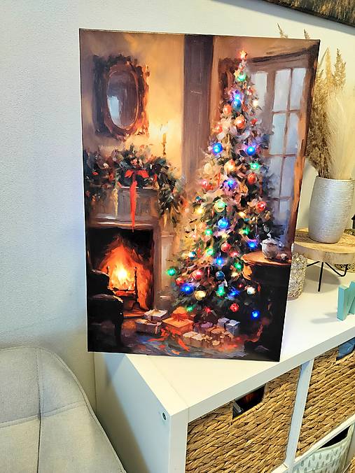 Svietiaci vianočný obraz stromček a krb, 60x40cm