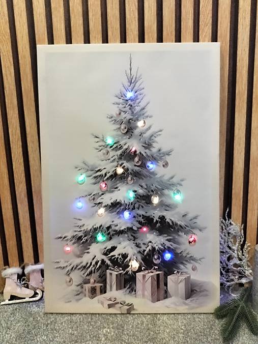 Svietiaci vianočný obraz- vianočný stromček  60x40cm (Biele svetlo)