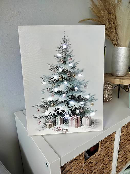Svietiaci vianočný obraz- vianočný stromček  60x40cm (Biele svetlo)