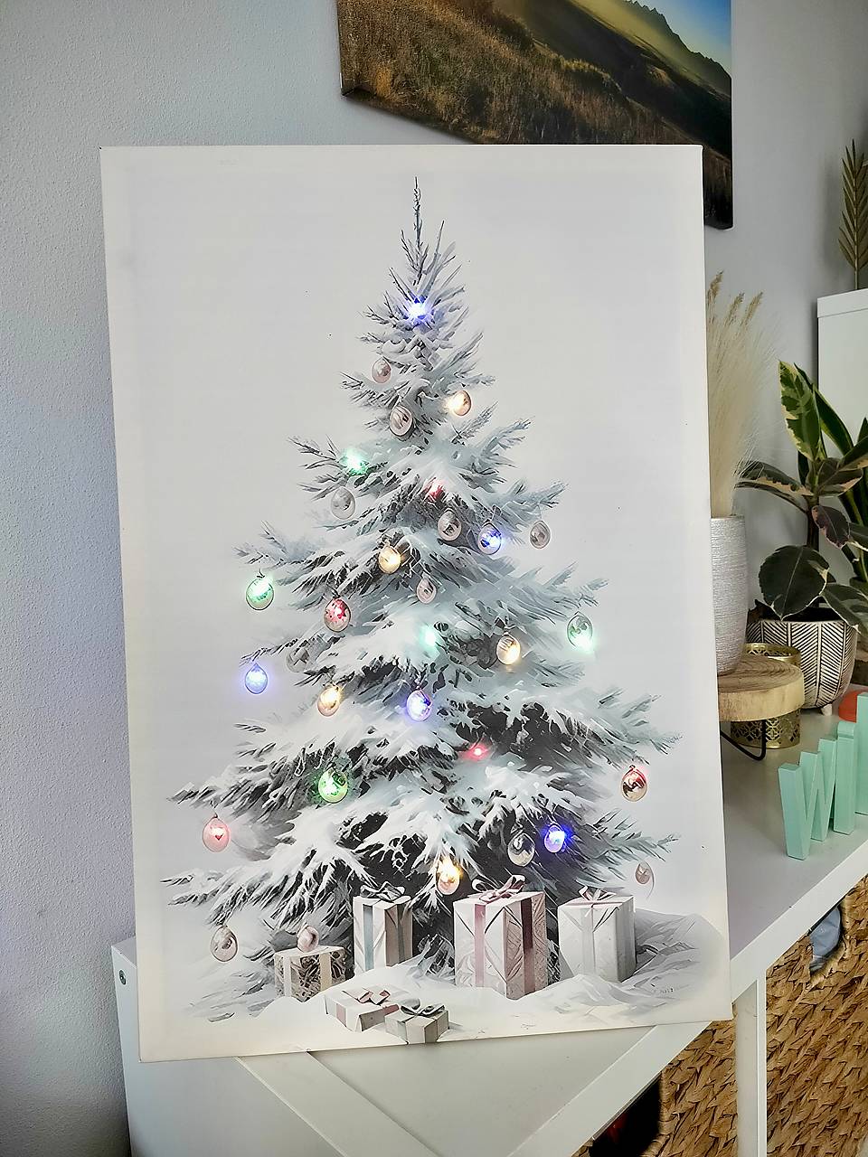 Svietiaci vianočný obraz- vianočný stromček  60x40cm (Farebné svetlo)