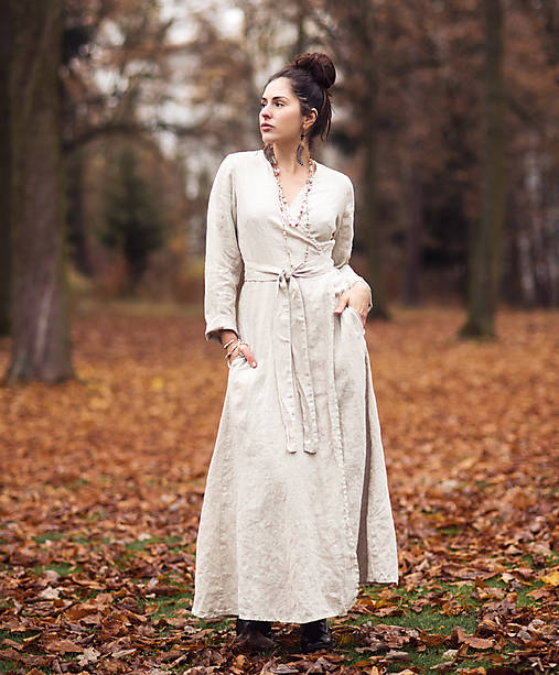 Šaty - Maxi lněné zavinovací Režné (S) - 17967137_