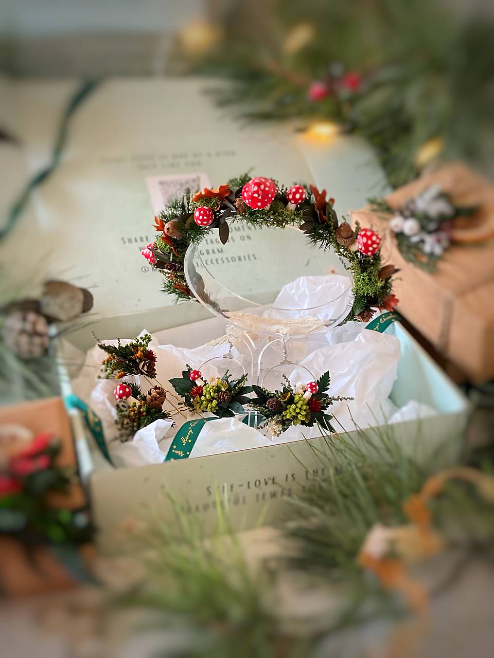 Darčekový box "čarovný les" - venček, náušnice, set vláseniek