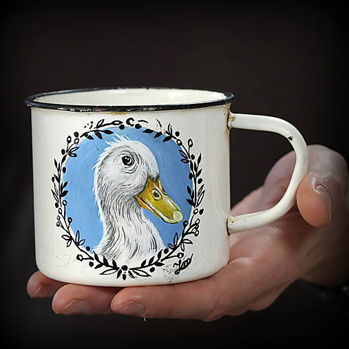 Upcyklovaný ručne maľovaný smaltovaný hrnček