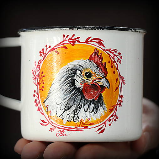 Upcyklovaný ručne maľovaný smaltovaný hrnček